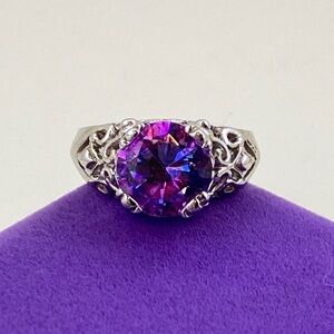 💛 Silver Tone Filigree Purple Mystic Topaz Ring | Round Rainbow Fire Stone